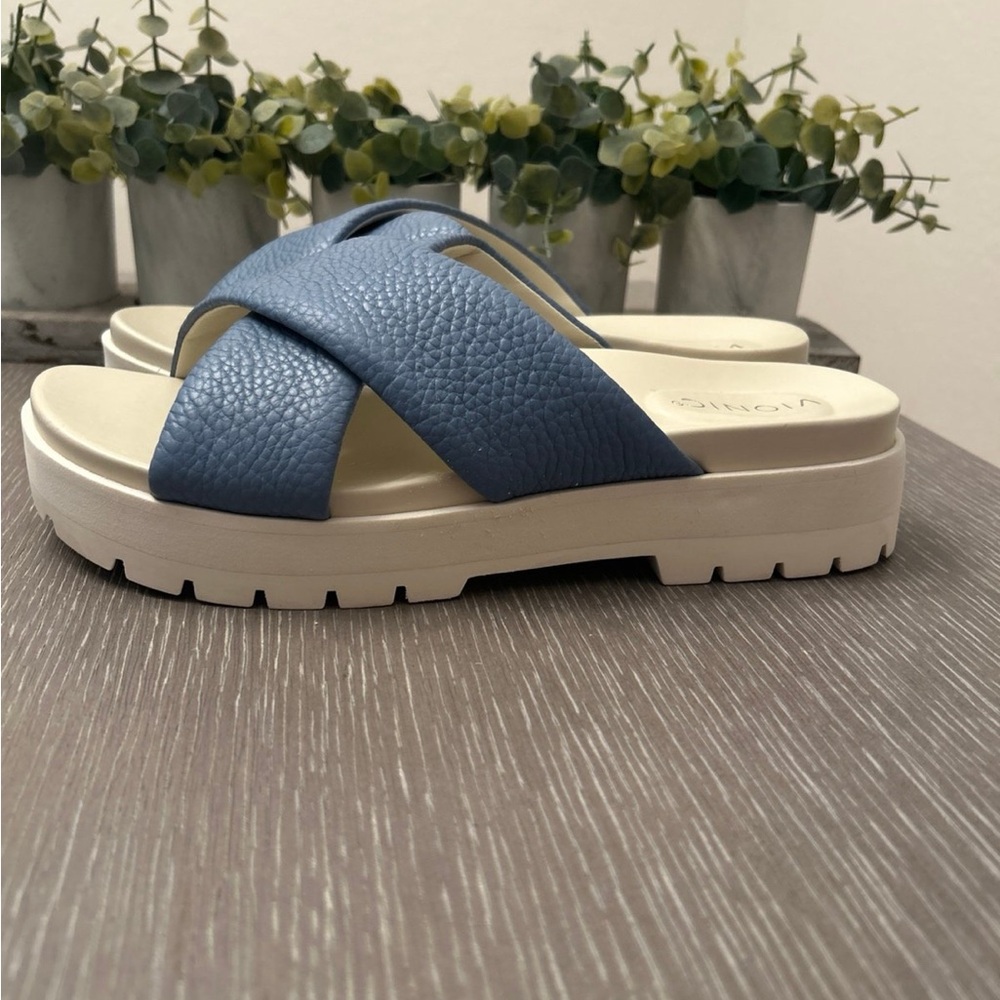 Vionic Vestal Blue Crisscross Platform Slide Sandals